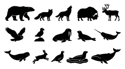 Fototapeta premium Arctic Animals Silhouettes Set - Wildlife Icons for Nature and Ecology