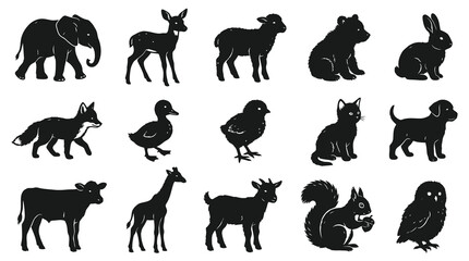 Obraz premium Black and White Vector Icons of Farm and Wild Animals, Line Art