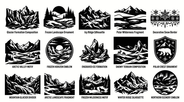 Black  White Winter Arctic Landscapes Vector Set - Stylized Mountains, Glaciers  Wildlife Illustrations