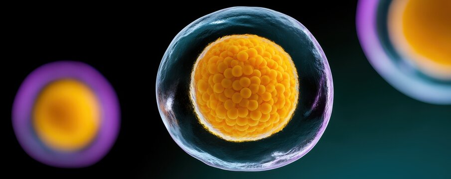 Microscopic view of biological cells featuring glowing yellow nuclei and purple outer membranes
