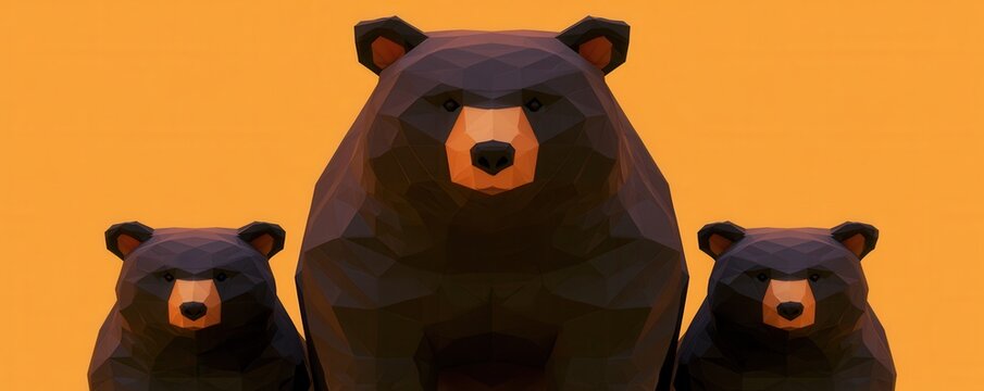 Three stylized geometric black bear portraits arranged in  row against  solid bright orange color