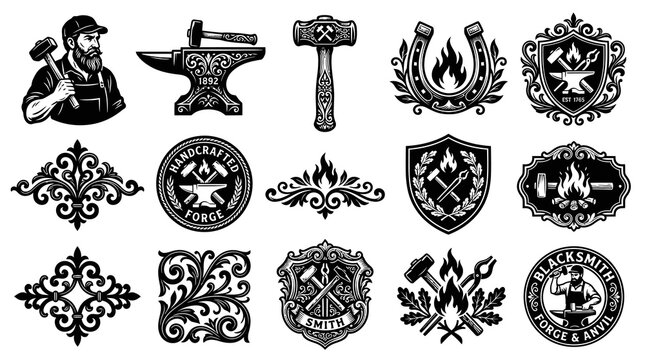 Vintage Blacksmith and Metalworking Vector Illustrations Set: Anvils, Hammers, Tools, and Emblems in Monochrome Engraving Style.