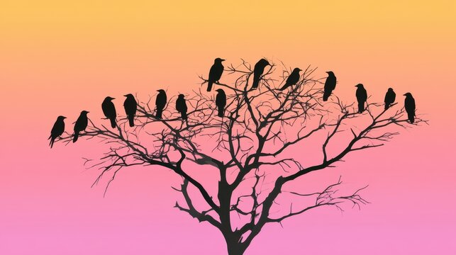 Silhouettes of many crows perched on branches of  leafless tree against  colorful sunset gradient sky