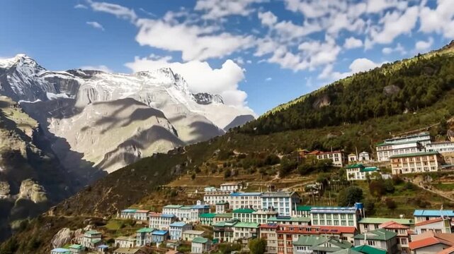 Namche Bazaar village on the way to Everest Base. Nepal. Time lapse.