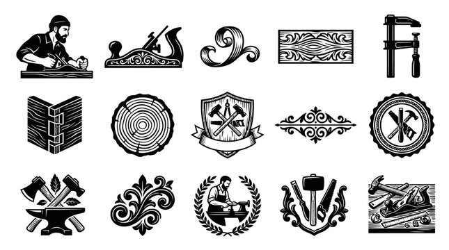 Black  White Woodworking Carpentry Tools Vector Icons Set for Craft and Artisan Logos
