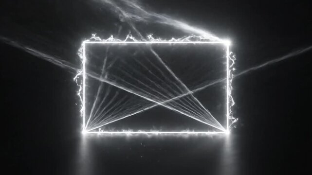 Abstract glowing square with particles and light beams on black background
