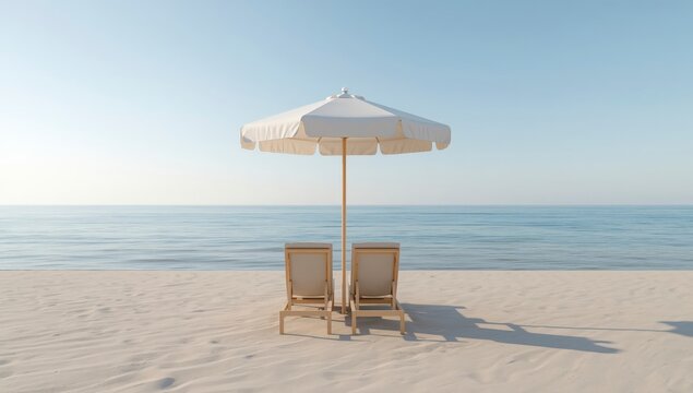 A relaxing summer beach with white umbrellas, chairs by the ocean, and a clear tropical sky