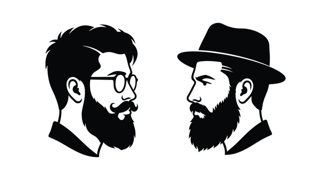 two men profiles with beard and hat silhouette profile glasses black white contrast side view facial