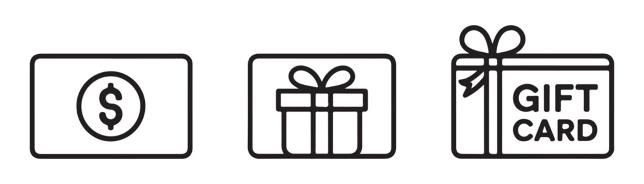 Set of three outline icons money symbol gift box and gift card with bow for e commerce.