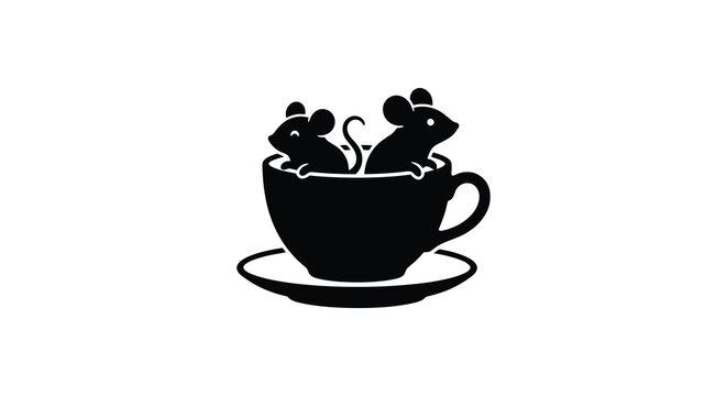 two mice in tea cup silhouette black white background animal drinkware minimalist iconic simple graphic illustration