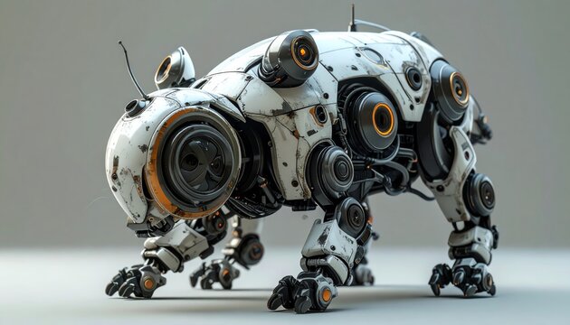 A futuristic robotic insect with mechanical limbs and orange accents on a gray background.