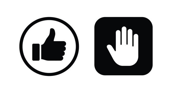 allow deny icons in black and white silhouette thumbs hand gesture circle square permission restriction interface