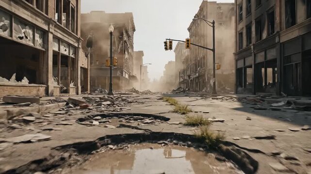 A desolate urban landscape features a road filled with rubble and cratered potholes following a catastrophic event that left the surrounding tall structures in a state of severe structural ruin