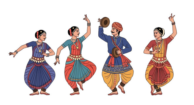 Traditional Indian dancers in colorful outfits.