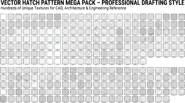Mega pack of vector hatch patterns for architectural drafting and professional engineering reference featuring hundreds of unique material textures and design symbols