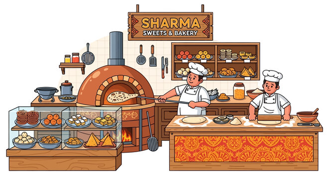 Two chefs working in pizza kitchen.
