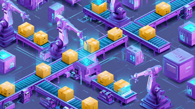 Advanced automated industrial robot arms assembling yellow boxes on purple conveyor belt system