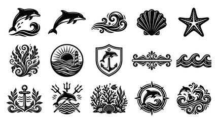 Obraz premium Stylized Marine and Ocean Glyphs: Black and White Nautical Animals and Symbols Vector Set