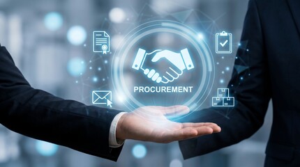 Fototapeta premium Business professional holding digital procurement hologram interface with futuristic technology icons