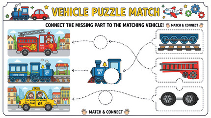 Naklejka premium Vehicle Puzzle Match Activity for Kids: Connect Parts to Vehicles