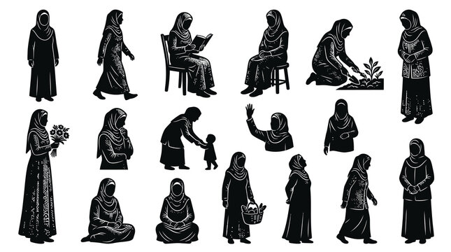 Black  White Islamic Women in Hijab: Daily Life  Activities Vector Illustrations