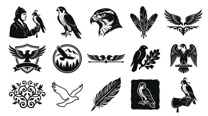 Obraz premium Falconry and Birds of Prey Black White Vector Art Illustrations Set: Eagles, Falcons, Feathers, and Emblems
