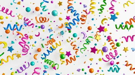 Fototapeta premium Celebration confetti scatter vibrant streamers and star shapes on white