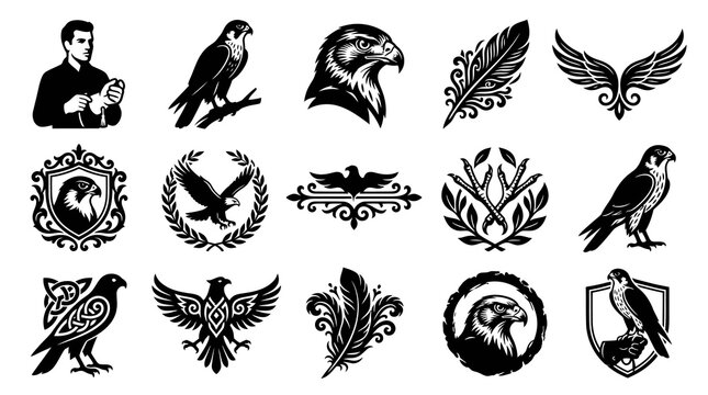 Falconry and Birds of Prey Vector Monochromatic Logos  Emblems Set: Eagle, Falcon, Hawk, Feathers, Falconer
