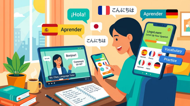 Woman learning languages on phone and laptop at desk
