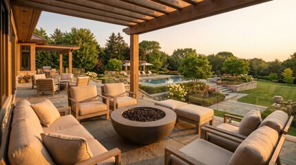 Fototapeta premium Elegant patio with plush seating, a fire pit, and pool view, set amid lush greenery at sunset
