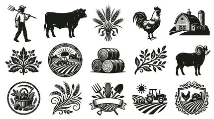 Obraz premium Vintage Black White Agriculture Farm Icons Set - Farmer, Animals, Crops, Barn, Tractor Vector Illustrations