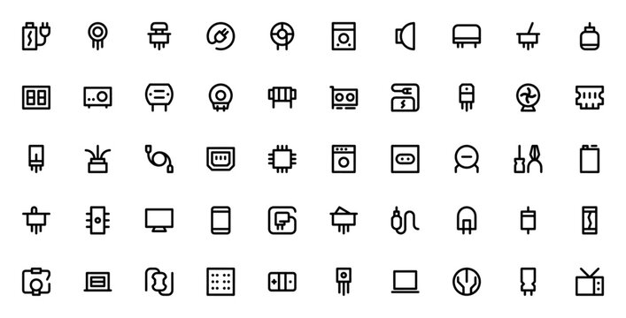 Electronics icon set. Minimal thin line icons set. Vector illustration. Featuring battery, sensor, switch, resistor, capacitor, transistor, diode, led and more.
