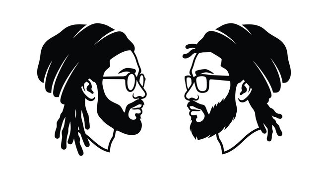 two men with dreadlocks and glasses silhouette profile beard side view black white contrast graphic illustration