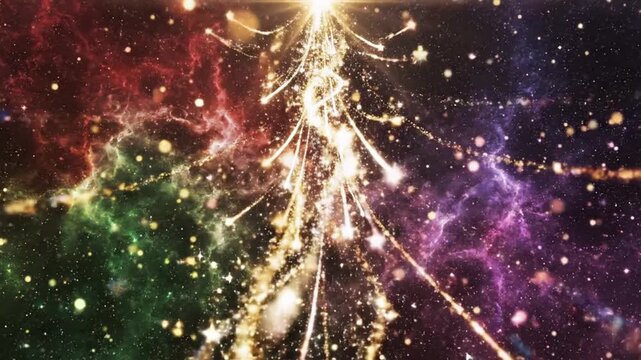 Golden spiral light trail in colorful nebula galaxy background