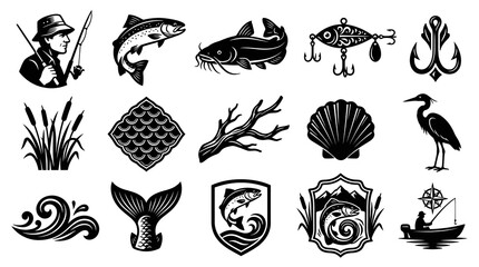 Naklejka premium Fishing and Marine Life Glyph Icons Collection. Angling, Outdoor Recreation Black White Silhouette Symbols.