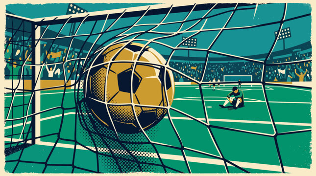 Retro mid-century soccer goal scene with a ball hitting the net and a defeated goalkeeper in a stadium setting