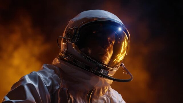 An Astronaut in a Space Suit Contemplating the Cosmos, Surrounded by Fiery Clouds, Capturing the Essence of Exploration and Human Adventure in the Universe