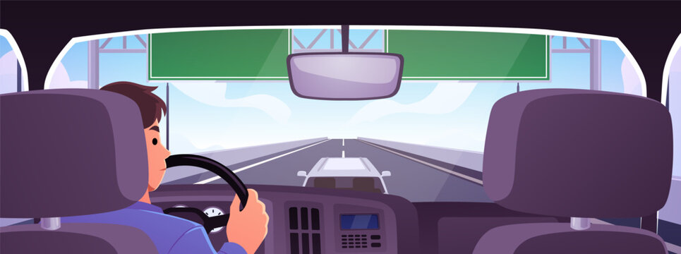 Driver is driving the car, vector flat view from cabin on highway with traffic road signs, overhead lane signals