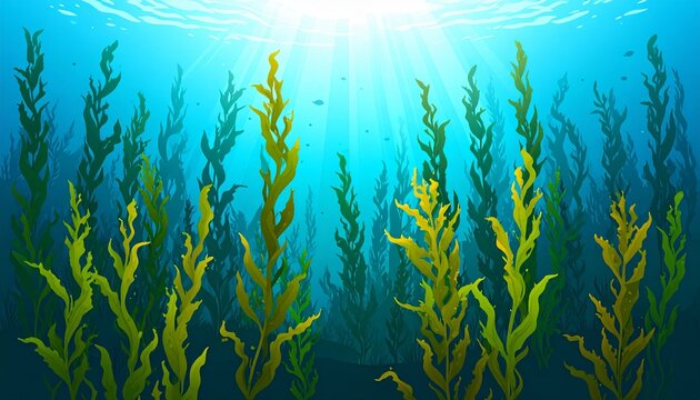 Underwater kelp forest swaying gently in deep blue ocean.