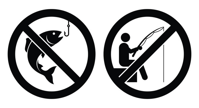 no fishing signs in black and white silhouette prohibition fish hook rod circle slash warning symbol