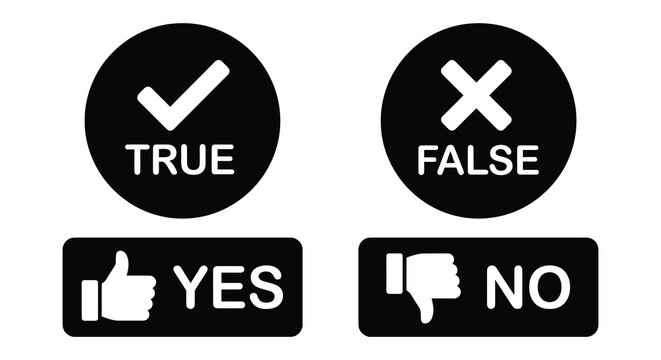 true false yes no icons in black and white silhouette checkmark cross thumbs down circle rectangle