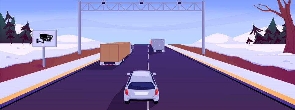 Highway with video camera recording on pole, car and trucks passing in winter nature landscape, vector transport traffic
