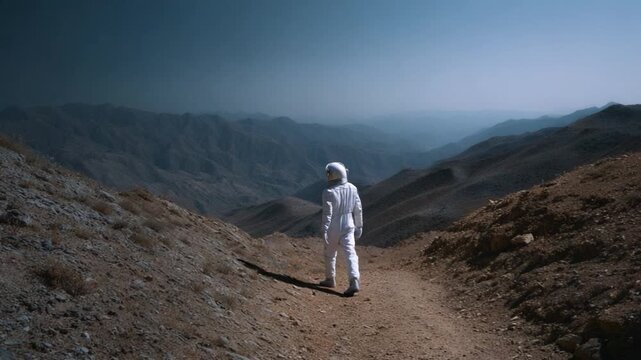 An astronaut explores a desolate landscape, embracing solitude amidst vast mountain ranges under a cloudless sky, capturing the essence of exploration and adventure.