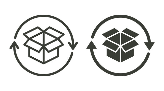 The cardboard box inside circular arrows illustrates the concept of recycling and sustainable packaging for global commerce.
