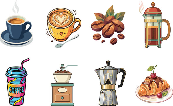 Coffee and Caf&eacute; Vector Collection Featuring Espresso Latte Coffee Beans Brewing Equipment and Pastry and Caf&eacute; Vector Collection Featuring Espresso Latte Coffee Beans Brewing Equipment and Pastry 