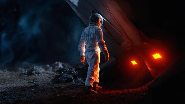 A lone astronaut in a futuristic spacesuit approaches the mysterious glowing spacecraft on an alien landscape, contemplating the next steps in exploration.