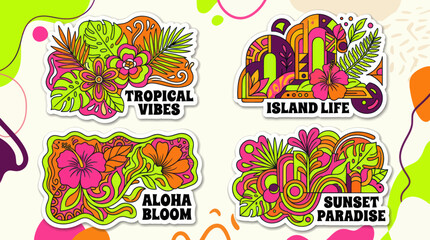 Vibrant Tropical Sticker Collection: Island Life, Aloha Bloom, Sunset Paradise © Maman