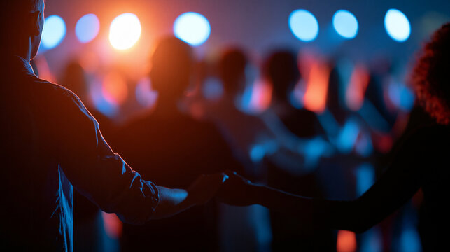 Faceless crowd participating in conga line dance formation throughout nightclub party, group dancing formation, connected movement, with copy space