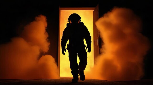 An astronaut emerges from a fiery portal, stepping into a new world filled with smoke and mystery, signifying exploration and adventure beyond the ordinary.