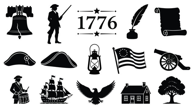 American revolution icons set with patriotic symbols and 1776 year
